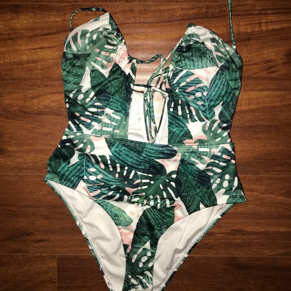 leaf print one piece bathing suit